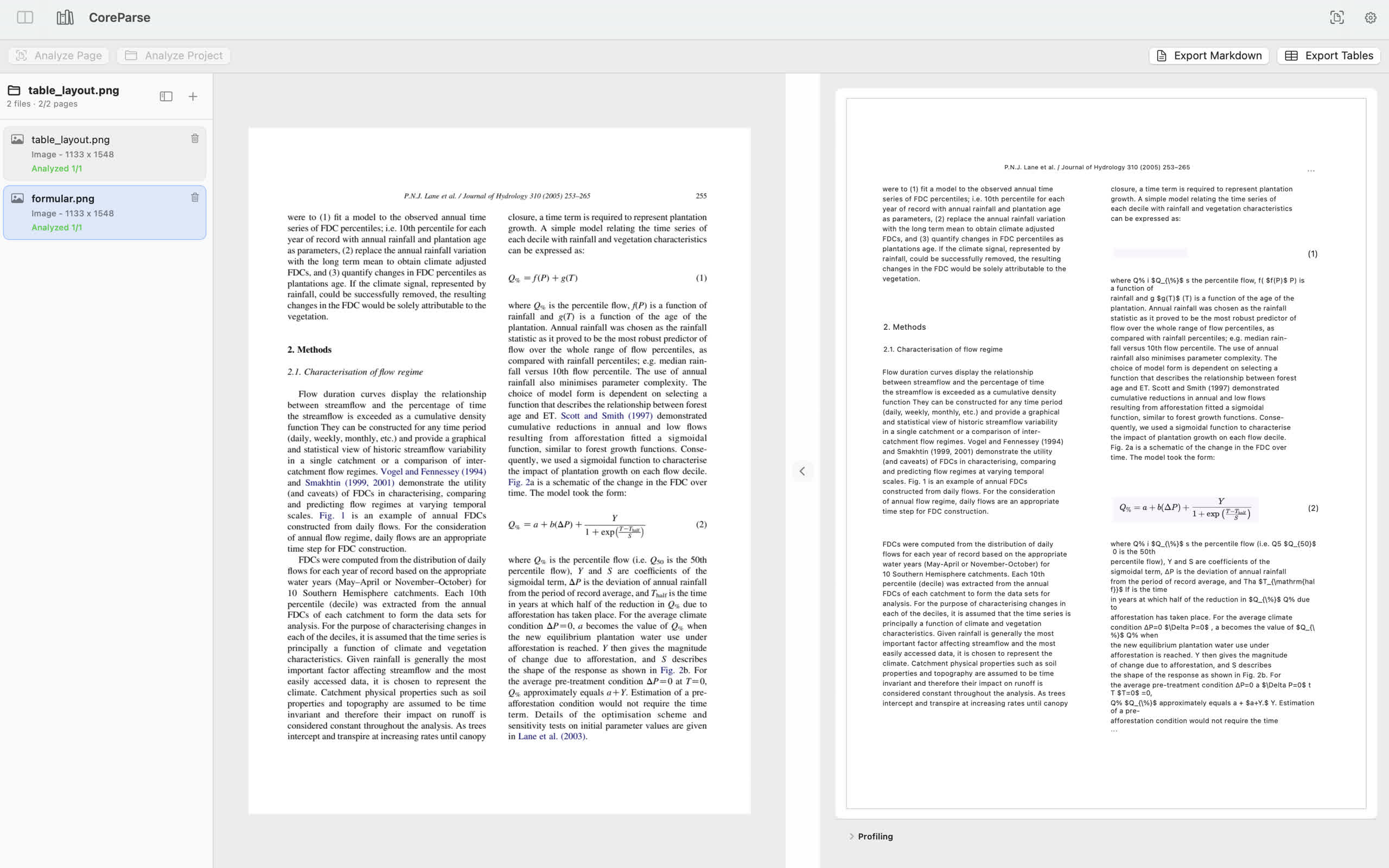 CoreParse analyzing a scanned academic document with OCR results side by side