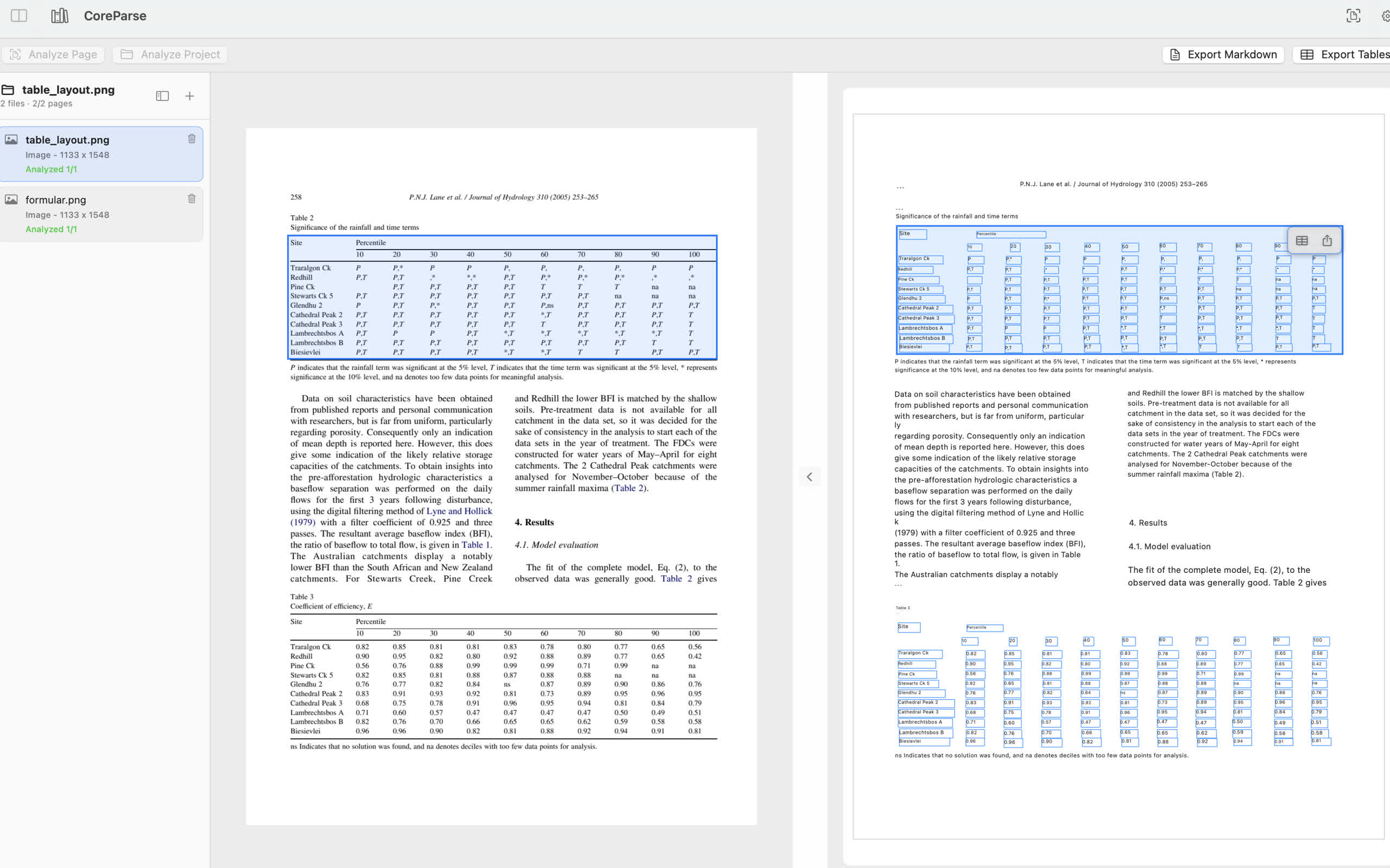 CoreParse showing recognized table cells on a PDF page
